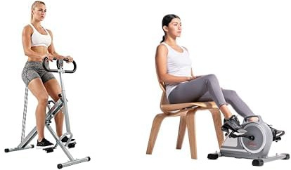 Sunny Health & Fitness Magnetic Under Desk Mini Exercise Cycle Bike, Dual Function Pedal Exerciser + Squat Assist Upright Row-N-Ride Rowing Machine, Horse Riding Machine Full Body Exercise Indoor