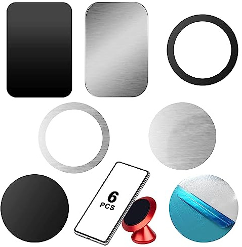 Ormromra Metallplättchen Selbstklebend Handy, 6 Stück Ultradünne Magnet Metall Platte Set, Magnet Zubehör, Magnetische Auto magnetplatte für Auto Handyhalterung (Rechteckige, Runden, Schwarz, Silber)