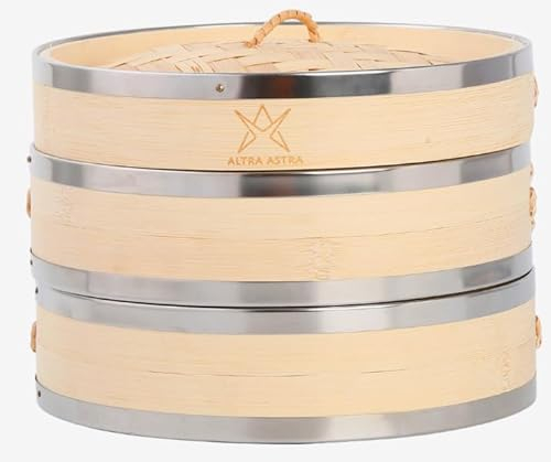 Altra Astra Vaporera de bambú de 8 pulgadas, construcción 100% libre de pegamento con sábanas de algodón reutilizables, perfecta para cocinar al vapor saludable de dim sum, bollos bao, verduras, carne