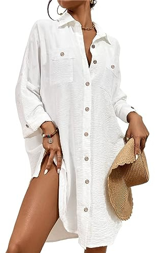 Bsubseach Femme Chemise de Plage Robe Bikini Cover Up Cache Maillot de Bain Pareo Plage Chemisiers Été Manches Longues Outwear Blanc M