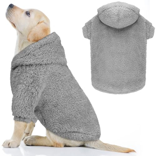 Fuzzy Dog Hoodie Hundepullover für große Hunde, weich, doppelseitig, Plüsch-Fleece, Pullover, Kleidung, Mäntel, Kapuzenpullover, Sherpa-Kapuzen-Sweatshirt (Grau, Größe L)