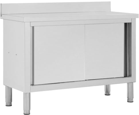 Hommdiy Arbeitsschränke mit Schiebetüren,Arbeitstisch Arbeitsplatte Schrank Gastro Schrank Schiebetürenschrank,Edelstahl (120 x 50 x (95-97))