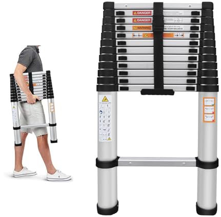 16.4FT/5M Aluminum Telescoping Ladder, Folding Multi Purpose One Button Retraction Non-Slip Telescopic Ladder, for Household or Outdoor Work (330 Pounds Load Capacity)