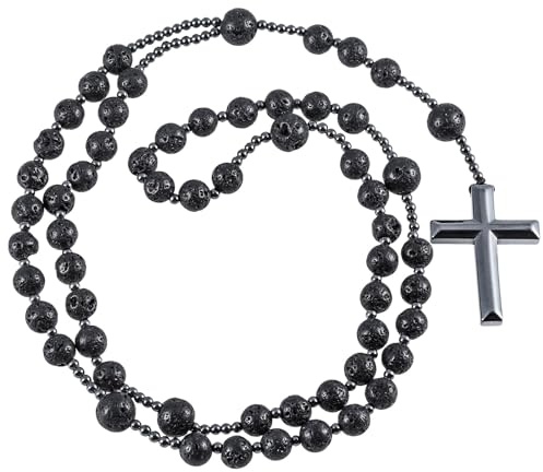 Nupuyai Hämatit Stein Kreuz Anhänger Lavastein Rosenkranz Perlen Kette für Damen Herren, Edelstein Gebetskette Kristall Katholisches Kreuz Halskette Reiki Heilstein Schmuck