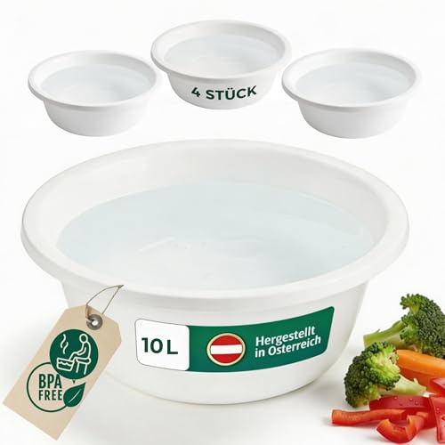 Novaliv 4x Spülschüssel Rund 10L, D40 cm, Weiß, BPA-frei Spülmaschinenfest Ideal für Küche und Camping, Rundschüssel, Große Plastikschüssel, Waschschüssel, Kunststoffschüssel, Teigschüssel