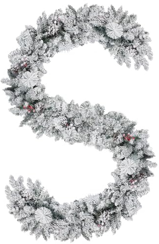 EDWINENE Weihnachtsgirlanden, 9 Fuß Schnee Weihnachtsgirlanden Dekoration mit Tannenzapfen und roten Beeren für Kamin Treppe Kaminsims Tür Innen- und Außendekoration