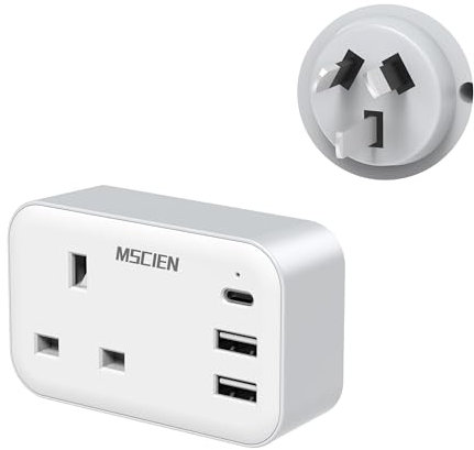UK To Australia Plug Adapter with 3 USB, China New Zealand Australian Plug Adaptor from UK, 4 in 1 Grounded Charger UK to Australia Travel Plug Adaptor for AUS NZ Argentina Fiji and More (Type I)