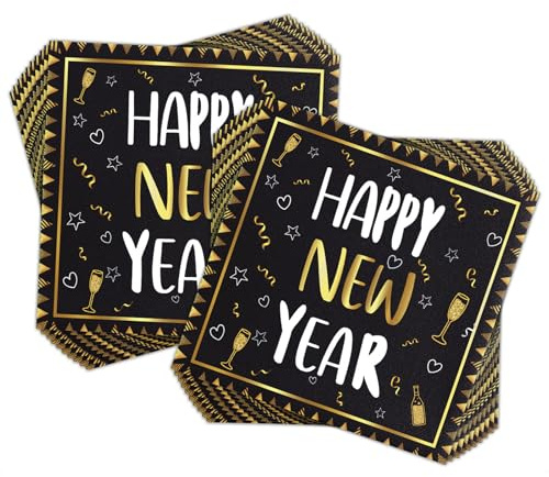 40 Stück Servietten Silvester, Happy New Year Serviette 2025 Happy New Year Servietten Neujahr Papierservietten Tissue Silvester Tischdeko für 2025 Tischdeko Neujahrsdeko, 33x33 cm (Schwarz B)