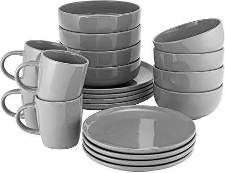 ProCook Stockholm Charcoal Grey Dinner Set Stoneware Scandinavian Style Flat Base Dishwasher, Microwave & Oven Safe Dinnerware 20 Piece, 9.5/15/20/22/27 cm