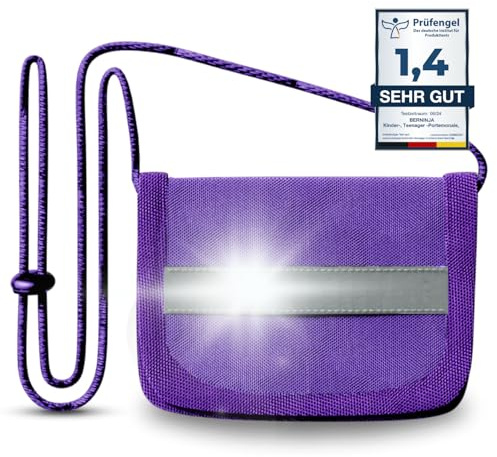 Berninja Geldbeutel mit Sichtfenster zum Umhängen Kinder-, Schüler -Portemonnaie, Brustbeutel, mit Reflektor Streifen für Jungen und Mädchen Portmonee (Lila)