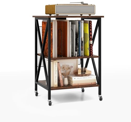 COSTWAY Mesa Auxiliar con Estación de Carga Integrada, Mesita de Noche de 3 Niveles, con Estructura Metálica, 4 Ruedas Universales y Separadores, Mueble para Tocadiscos y Vinilos (Marrón Rústico)