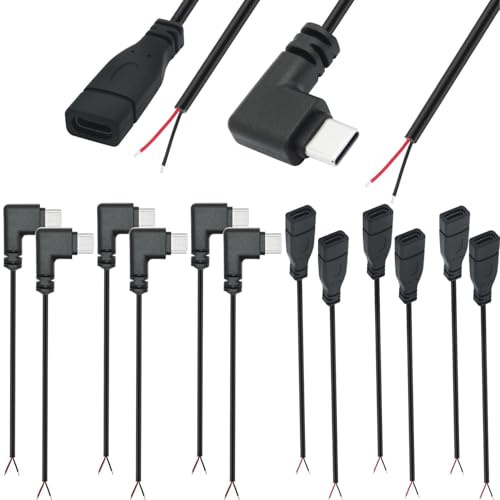 RUNCCI-YUN 12Pcs 22 AWG Ángulo Recto Cables de Coletas de Alimentación de USB C Macho Hembra, 5 V 3 A USB C a 2 Pines de Cable Desnudo Conector de Extremo Abierto,Cable de Reparación de Bricolaje