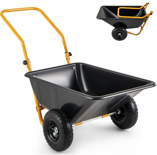 GiantexUK 2-Wheeled Wheelbarrow 80L, Garden Cart with Foldable Handle & Twin Pneumatic Tyres, Heavy-duty Metal Garden Trolley Handcart for Tools Plants Transport (Black+Yellow)