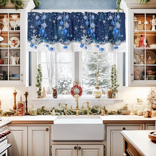 Weihnachtsvorhang für Fenster, winterliche Schneeflocken, Weihnachtsdekoration mit Weihnachtskugeln und funkelnden Schneeflocken, 1 Paneele, kurze Vorhänge für Küche, Fenster, Bad, Schlafzimmer