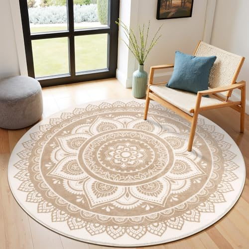 SHACOS Tapis Rond 120 cm Lavable en Machine Tapis de Salon Rond Antidérapant Vintage Moelleux pour Chambre, Cuisine et Chambre d'enfant, Marron