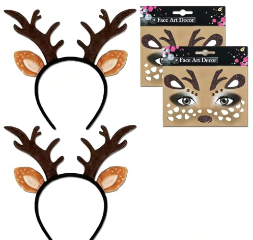 Reh- und Rentier-Haarreif für Damen, Herren und Jugendliche – geeignet für festliche Anlässe, Geweih-Haarreif mit Strass-Stickern, Party-Kopfbedeckung für Weihnachten