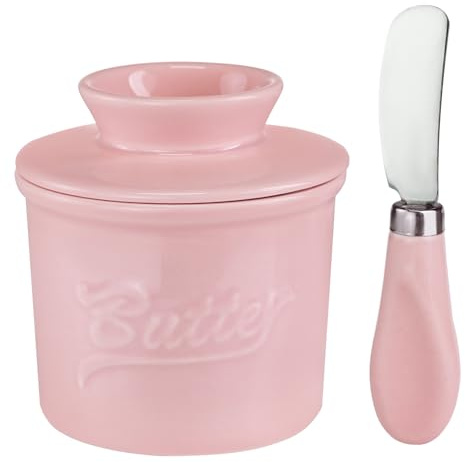 Mantequera de cerámica con tapa y cuchillo esparcidor para mantequilla, ideal para almacenamiento de mantequilla y plato de mantequilla de encimera, color rosa