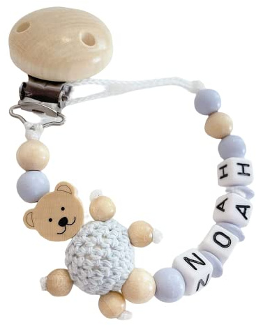Schnullerband mit Namen für Mädchen & Jungen personalisierte Baby Geschenke (Bär Blau)