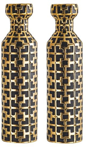 NewSangXia Coppia di vasi cilindrici in ceramica alti 62 cm con accenti geometrici dorati, vaso decorativo – moderni vasi da pavimento neri e oro per soggiorno e ingresso (set da 2)