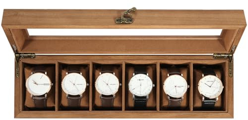 Uten Boîte à Montres 6 Compartiments, Coffret à montres en Bois, Couvercle en Verre, Coffret de Rangement pour Montres pour Hommes et Femmes, Coussinets Coton de Soie, Doublure Marron, Idée Cadeau