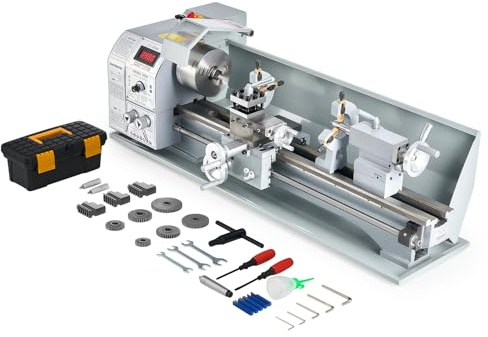 CREWORKS 1100W Tornio per Metallo 220 x 600 MM a Velocità Variabile 0-3000rpm con Mandrino a 3 Griffe e Display LCD per Filettatura, Tornitura, Foratura, Lucidatura