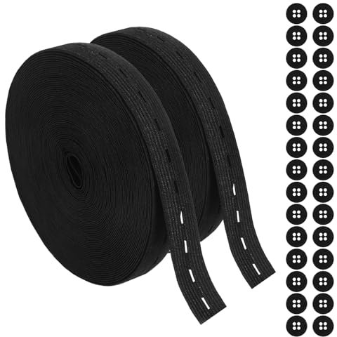 Qiimenguer Vita Elastica Con asole 20M Gummiband mit Knopflöchern，2 Rollen Gummiband Nähen, und die Elastizität der Hosengummi, 20 mm Breit, mit 30 Stück 15 mm Knöpfen (Schwarz)