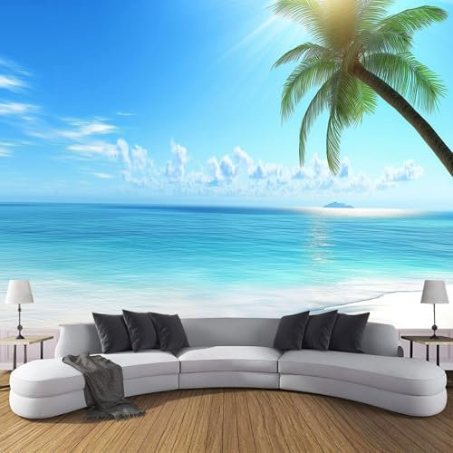 Fotomurales Playa Del Resort 350X256Cm Papel Pintado Seda Decoración De Pared Decorativos Murales Moderna De Diseno Fotográfico Palmeras 3D Decorativos Murales