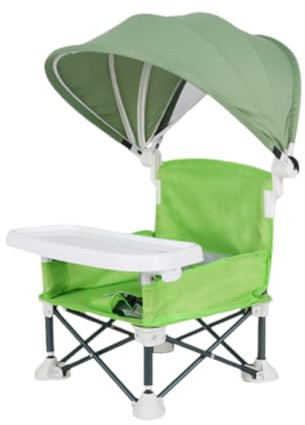 Baby Campingstuhl, Faltbar Babystuhl mit Abnehmbarem Tablett Und Sonnenschirm, Tragbarer Babysitz, Baby Strandstuhl, Kinder Esszimmerstuhl für Outdoor Camping S-trand Rasen (Green)