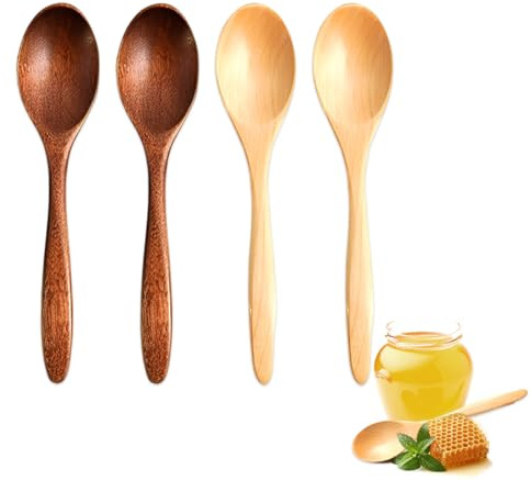 ZORVYN 4 Pezzi Cucchiaio in Legno Fatto a Mano, Naturale Nanmu, Piccolo, da Mescolare, Mischiare, di Legno per Cioccolata Calda, Miele, Caffè, Tè, Accessori da Cucina (Marrone, Bianco)