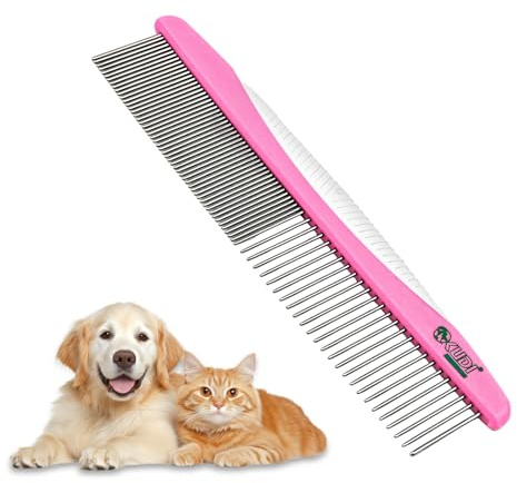 Pettine per Cani In Acciaio Inox Con Denti Arrotondati, Pettine per Animali Domestici in Acciaio Inossidabile, Impugnatura Antiscivolo in ABS, Districa Delicatamente i Nodi (Rosa)