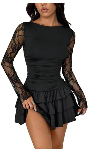 GORGLITTER Women's Ruched A Line Tiered Ruffle Mini Dresses Lace Sheer Long Sleeve Crewneck Clubwear Dress