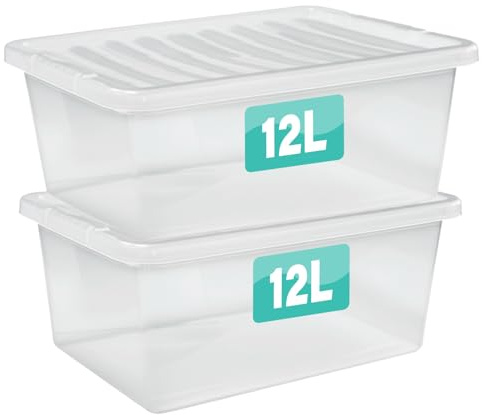 2 x 12 Litre Clear Plastic Storage Boxes With Lids Set of 2, Transparent Multipurpose Nestable Stackable Plastic Box With Lid Containers For Home, Kitchen, Garage, Office, Accessories
