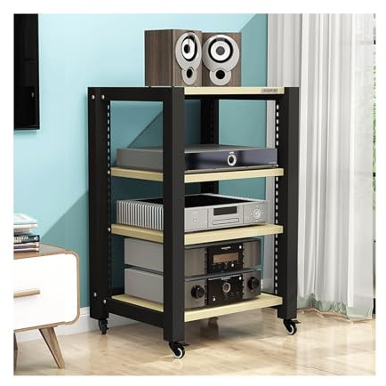 Soporte ajustable para medios AV con ruedas, estante de audio de alta fidelidad, estantes de almacenamiento de 4 niveles para reproductores de CD, consolas de juegos y organización de medios