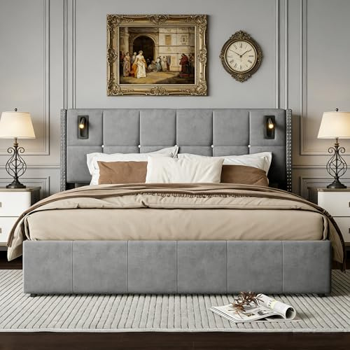 BRYXR Bett 160x200, Polsterbett Doppelbett mit Hydraulischem Stauraum, Jugendbett mit Leselampe, Boxspringbett Bettgestell mit Lattenrost, Moderner Stil, Funktionsbett, Samt Grau, Ohne Matratze
