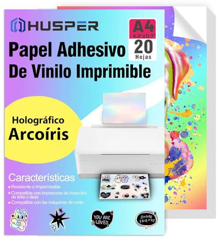HUSPER Papel adhesivo holográfico arcoíris A4, imprimible, impermeable, compatible con impresoras de inyección de tinta/láser, 20 hojas