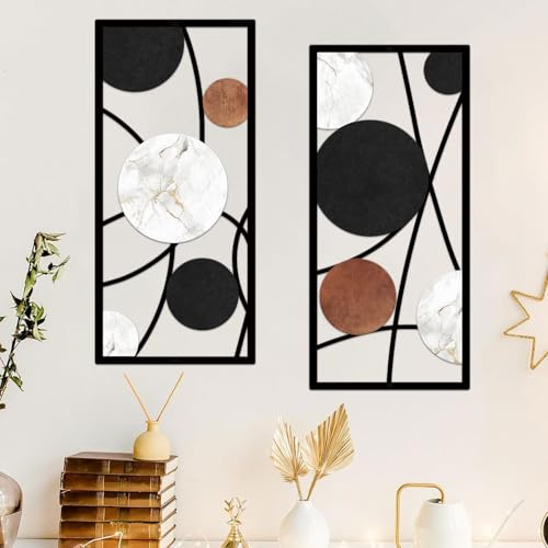 ruelen 2 Stück Metall-Wandkunst, abstrakte geometrische Kreis-Dekoration mit Marmor-Textur, modern, minimalistisch, schwarz, weiß, braun, Wandskulptur für Wohnzimmer, Schlafzimmer, Büro