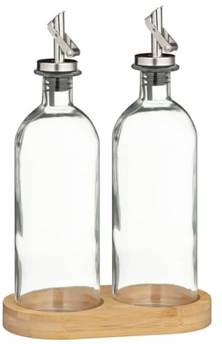 BargainsMania Set Of Glass Oil/Vinegar Bottles On Bamboo Stand - Fill With Your Favourite Oil Dressings Or Vinegar, And Make It Part Of Your Kitchen's Aesthetic - Includes: 2 X Bottles, 1 X Stand