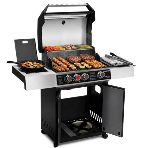 Amig - Barbecue a gas XL Fireplus GRILL-2 4F - 129 x 55 x 115 cm - Superficie di cottura 60 x 41,5 cm - Con termometro, ripiano laterale, armadietto e ruote con freno - Griglia in ghisa - Nero