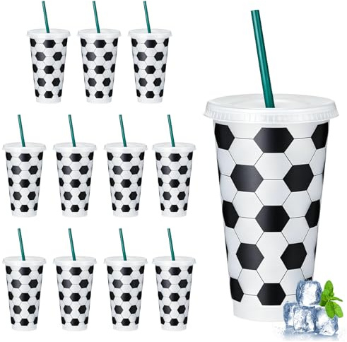 Fouvin Juego de 12 tazas de fútbol de 710 ml, vasos de plástico reutilizables con tapa y pajita, sin BPA, para adultos y niños, vasos para bebidas frías y café helado