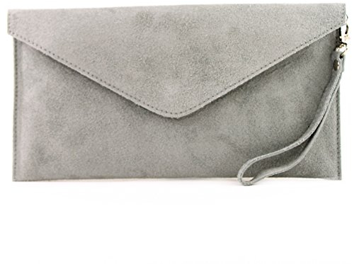 modamoda de T106 Damen Wildleder Rauleder Clutch Umhängetasche Abendtasche handmade in Italy, Farbe:Grau