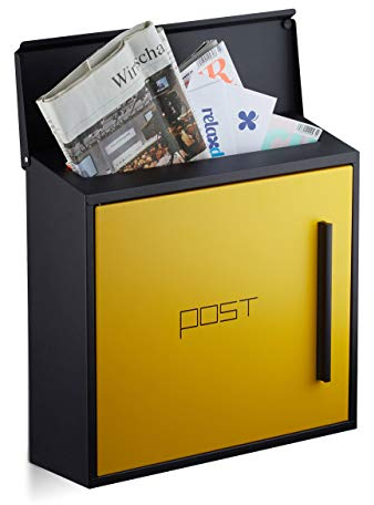 Relaxdays Buzón Correos Exterior, Pared, Diseño Moderno, Ranura DIN A4, Acero, 1 Ud, 33 x 35 x 12,5 cm, Negro y Amarillo, Madera