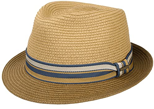 Stetson Licano Toyo Trilby Strohhut Herren Fedora UV-Schutzfaktor 40+ Ripsband Zweifarbig Krempe Frühjahr Sommer braun XL (60-61 cm)