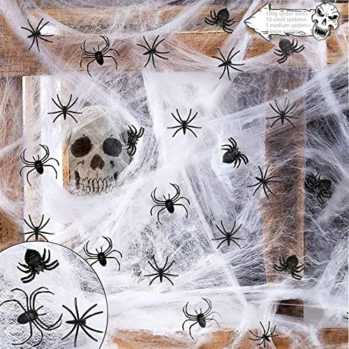 Halloween Spinnennetz Dekoration, 100g Halloween Spinnennetz mit 20 Schwarzen Spinnen, Halloween Deko, Dehnbare Spinnennetze Halloween Deko Set, Realistische Spinnennetz für Halloween, Fasching