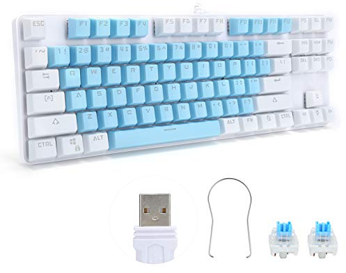 CCYLEZ K100 Computer Keyboard, 87 Keys, Mixed Light, Mechanical Computer Peripherals, Wired USB Connection, for Desktop Laptop, Plug and play (Blue and white)