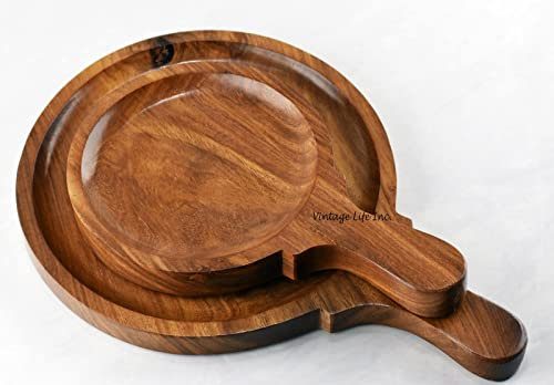 Juego de 2 tablas de pan, tabla de pan circular pequeña y mediana francesa, tabla de charcutería, tabla de queso, hecha de una sola pieza de madera