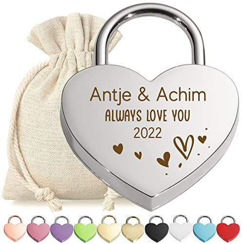 Herz-Schloss Liebesschloss Vorhängeschloss personalisierte Gravur Silber - Motiv Always love you - mit Schlüssel - Stoffbeutel - Metall eloxiert - Valentinstag - Paar-Geschenk - love, liebe
