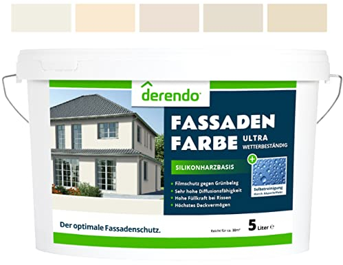 derendo Silikonharz Fassadenfarbe Beige ULTRA Wetterschutz Altweiss 5 l aussen Fassade Silikonharzfarbe mit Abperleffekt Lotus Blatt Fassadenschutz Schmutzabweisende Silikonharzbeschichtung