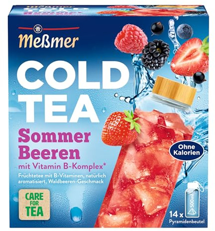 Meßmer Cold Tea Sommer Beeren – Kaltaufguss mit 14 Pyramidenbeuteln | Erfrischend kalter Früchtetee mit B Vitaminen & Waldbeeren-Aroma, ohne Zuckerzusatz, für unterwegs – 1 Beutel für 500 ml