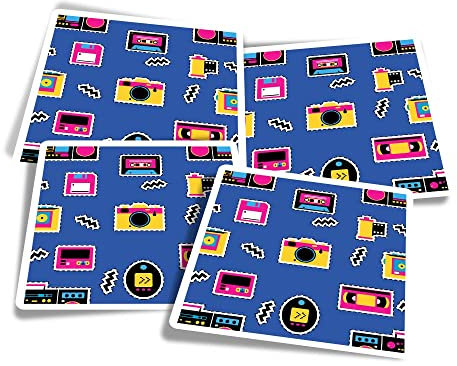 Vinyl Square Stickers (Set of 4) 10cm - Retro Music Computer Camera 80's for Laptops, Tablets, Luggage, Scrap Booking, Fridges #51901