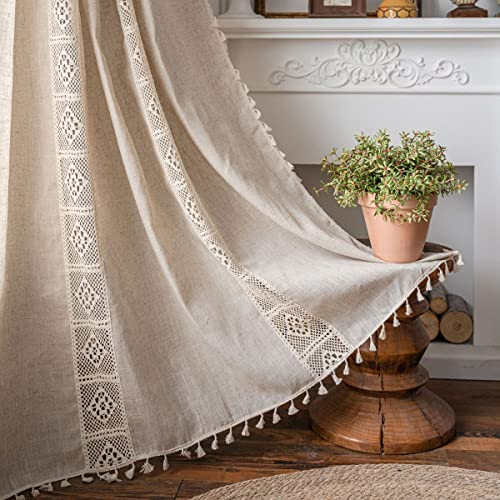 Sedefen Boho Beige Vorhänge Landhausstil Baumwolle Leinen Gardinen Stickerei Halbtransparente Spitze Leinenoptik Gardinen mit Quaste Verdunkelungvorhang Wohnzimmer Schlafzimmer,(B)150x200cm(H),2er set